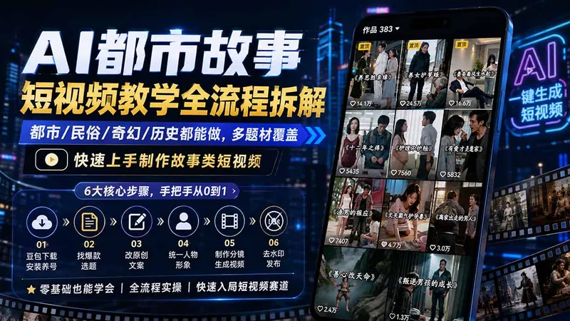 442d7d3321c33a42635cf29aca573739.jpeg AI都市故事短视频教学全流程拆解;都市/民俗/奇幻/历史都能做多题材覆盖,快速上手制作故事类短视频