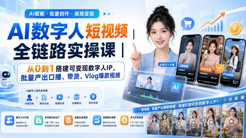 382be22791c8def62429d07e02bf0cc3.jpeg AI数字人短视频全链路实操课|从0到1搭建可变现数字人IP,批量产出口播、带货、Vlog爆款视频