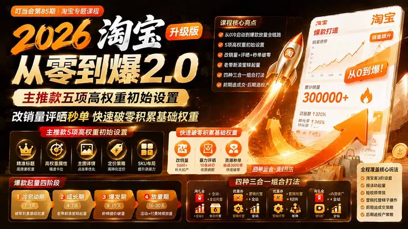 42dc374cc08a65a34ff59a0c921bedcc.jpeg 2026淘宝从零到爆2.0第85期;主推款五项高权重初始设置,改销量评晒秒单快速破零积累基础权重