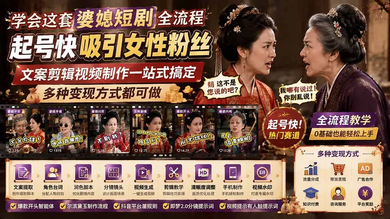b49ee30d8b04d78ace48c3a3600492c6.jpeg 学会这套婆媳短剧全流程:起号快吸引女性粉丝,文案剪辑视频制作一站式搞定,多种变现方式都可做