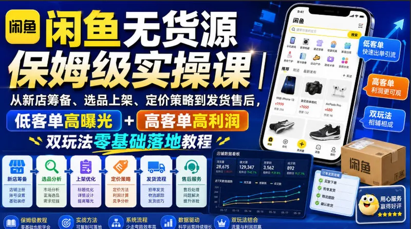 f9ddde99deab997de6176a004ec3997d.jpeg 闲鱼无货源保姆级实操课|从新店筹备、选品上架、定价策略到发货售后,低客单高曝光+高客单高利润双玩法零基础落地教程