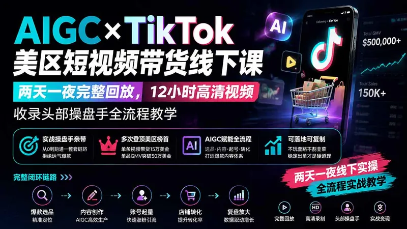 7221bd970a794ada5b398716e50e05d1.jpeg AIGC×TikTok美区短视频带货线下课;两天一夜完整回放,12小时高清视频收录头部操盘手全流程教学
