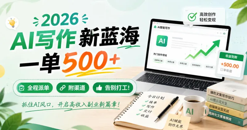 b6e033b912468dba626c436dfce093cb.jpeg 2026 AI写作新蓝海,一单500+,全程派单,附渠道,告别打工!【揭秘】