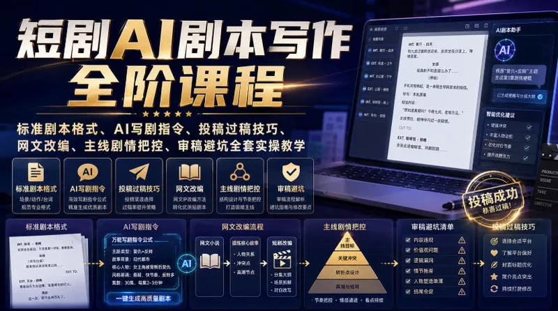 800e553c2d47c6d0d413748862c1934c.jpeg 短剧AI剧本写作全阶课程|标准剧本格式、AI写剧指令、投稿过稿技巧、网文改编、主线剧情把控、审稿避坑全套实操教学
