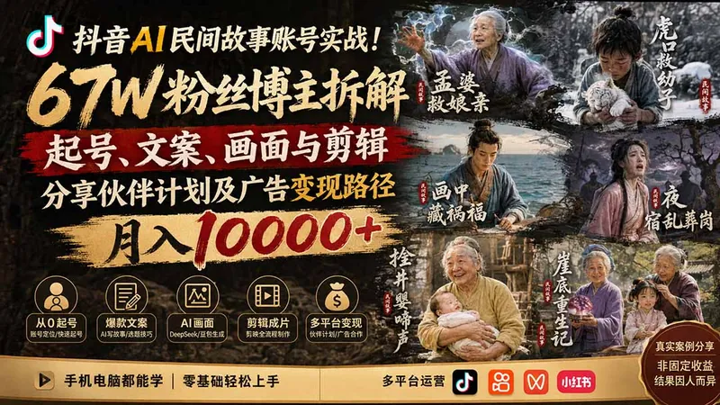 c2e67dc1871ee1be9b8c7831daf3fba8.jpeg 抖音AI民间故事账号实战!67W粉丝博主拆解起号、文案、画面与剪辑,分享伙伴计划及广告变现路径,月入10000+