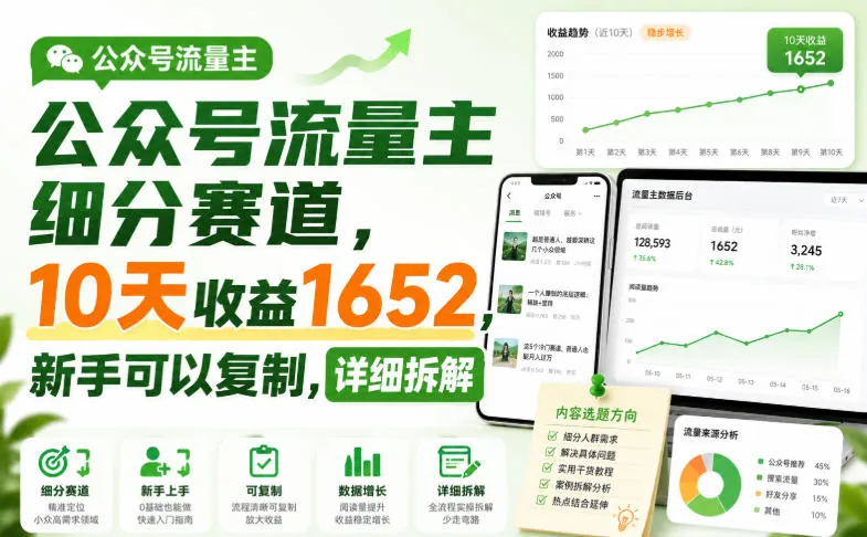 公众号流量主细分赛道，10天收益1652，新手可以复制，详细拆解