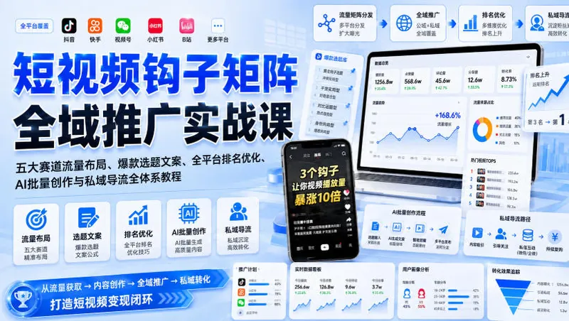 5c93582d0487d45606c0a003ecefa929.jpeg 短视频钩子矩阵全域推广实战课|五大赛道流量布局、爆款选题文案、全平台排名优化、AI批量创作与私域导流全体系教程