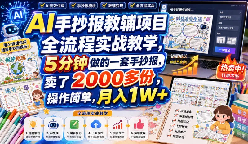 AI手抄报教辅项目全流程实战教学，5分钟做的一套手抄报，卖了2000多份，操作简单，月入1W+