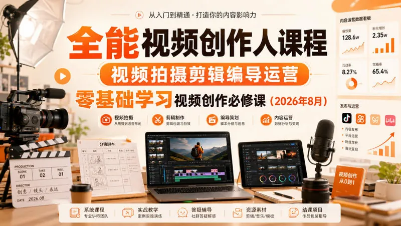 dcdc8ea66543b8fd4aeb4565649ae690.jpeg 全能视频创作人课程,视频拍摄剪辑编导运营,零基础学习视频创作必修课(2026年8月)