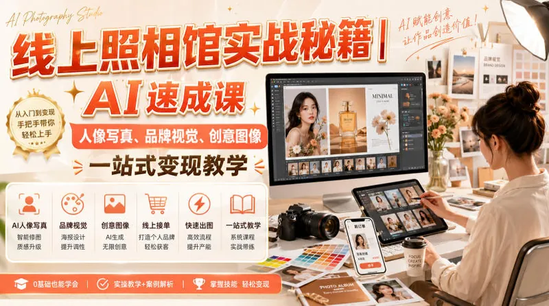 971ca3b673db4de30bd8710ab536afdf.jpeg 线上照相馆实战秘籍|AI速成课,人像写真、品牌视觉、创意图像一站式变现教学