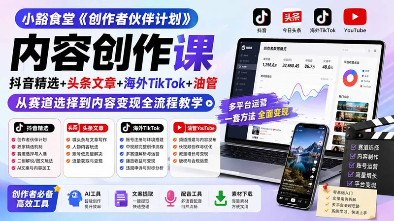 96dc5bc68cc2123268d48c7ae6dc6a44.jpeg 小豁食堂《创作者伙伴计划》内容创作课:抖音精选+头条文章+海外TikTok+油管,从赛道选择到内容变现全流程教学
