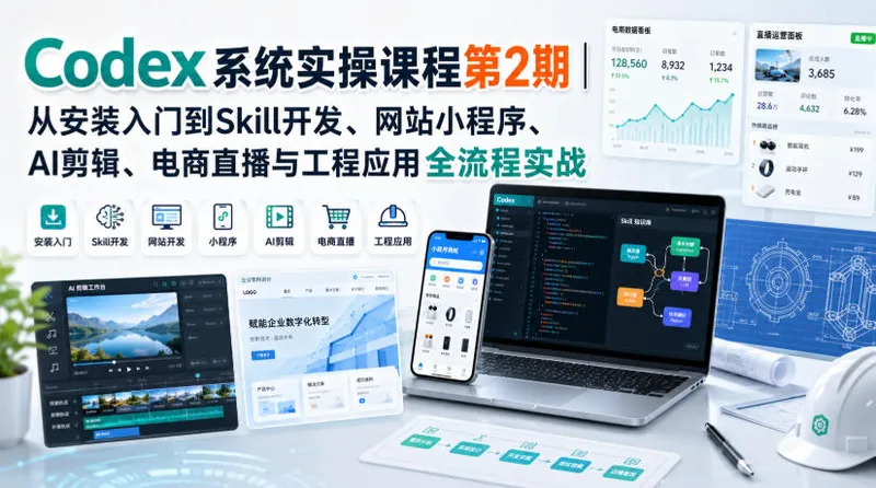fd271b9ed56d40b20120d0374ac9a868.jpeg Codex系统实操课程第2期|从安装入门到Skill开发、网站小程序、AI剪辑、电商直播与工程应用全流程实战