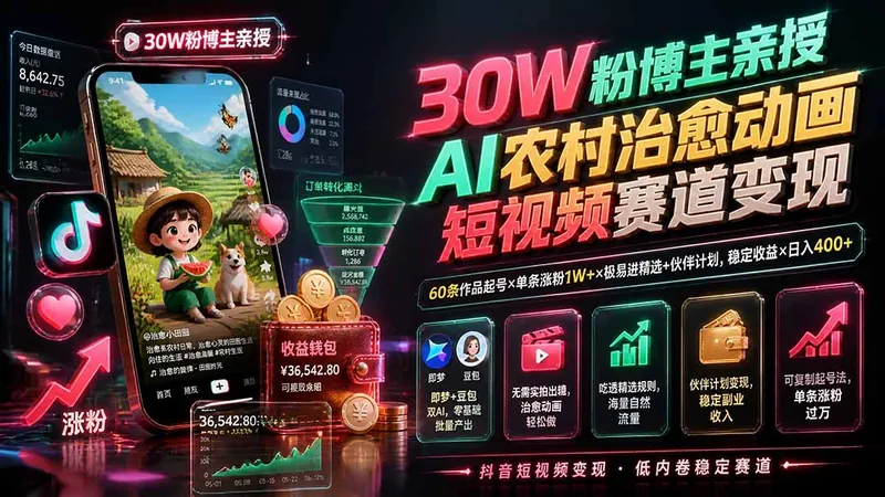 e3a77046a82f344113f706c932ac5921.jpeg 30W粉博主亲授AI农村治愈动画短视频赛道变现:60条作品起号×单条涨粉1W+×极易进精选+伙伴计划,稳定收益×日入400+