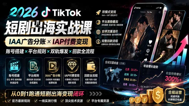 13318c521bbeee9f0834dc3a8b3ac4ec.jpeg 2026TikTok短剧出海实战课:IAA广告分账×IAP付费变现×账号搭建×平台规则×双轨爆发×回款全流程