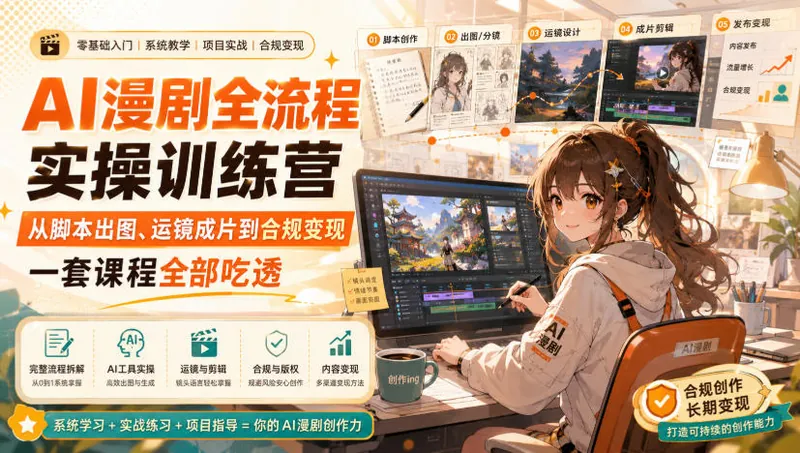 AI漫剧全流程实操训练营，从脚本出图、运镜成片到合规变现，一套课程全部吃透