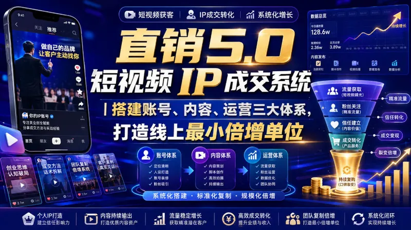 1aebfab63fec5c6f10290d57117b950c.jpeg 大元子直销5.0短视频IP成交系统|搭建账号、内容、运营三大体系,打造线上最小倍增单位