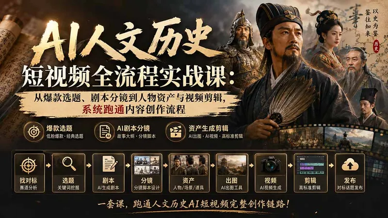 d0a9ca048047300a3fafa05db0d29315.jpeg AI人文历史短视频全流程实战课:从爆款选题、剧本分镜到人物资产与视频剪辑,系统跑通内容创作流程