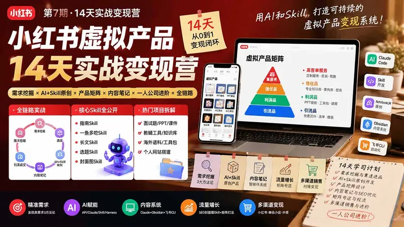 0302d6c884a2f51f063a184ee653f1f4.jpeg 小红书虚拟产品14天实战变现营-第7期:需求挖掘×AI+Skill原创×产品矩阵×内容笔记×一人公司进阶×全链路