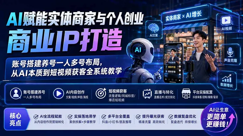 f62f329539aca000d37b781c59ada0dd.jpeg AI赋能实体商家与个人创业商业IP打造;账号搭建养号一人多号布局,从AI本质到短视频获客全系统教学