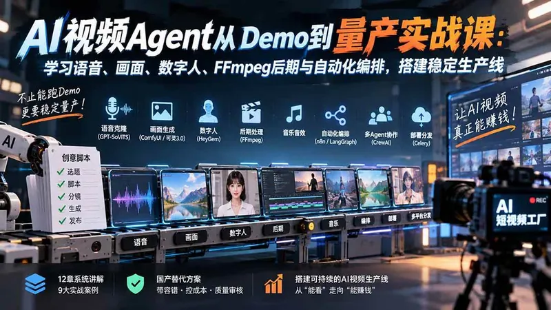 5a376ac57a34f2be488e2cba4e0a20ce.jpeg (20451期)AI视频Agent从Demo到量产实战课:学习语音、画面、数字人、FFmpeg后期与自动化编排,搭建稳定生产线