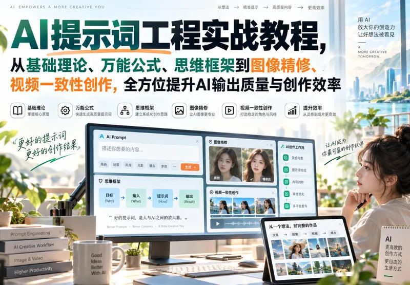ad49c3e2ee7b581b8daa12b1f7e5cecd.jpeg AI提示词工程实战教程,从基础理论、万能公式、思维框架到图像精修、视频一致性创作,全方位提升AI输出质量与创作效率