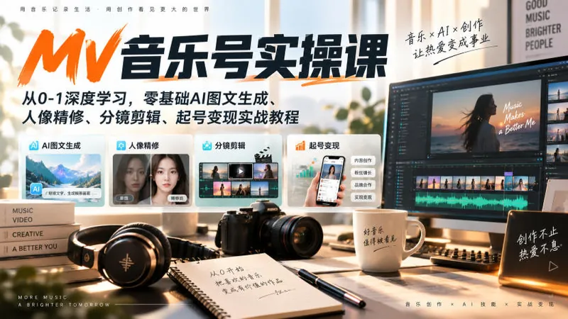 c11a2f9a16681318039958e152786e14.jpeg AI MV音乐号实操课,从0-1深度学习,零基础AI图文生成、人像精修、分镜剪辑、起号变现实战教程
