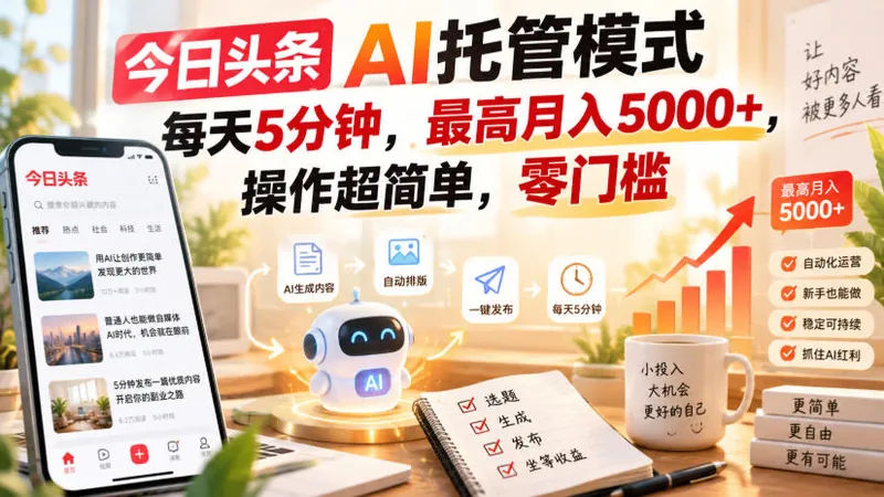 ae3104f6ebff7074a53dae8a7fe20ba0.jpeg 今日头条AI托管模式,每天5分钟,最高月入5000+,操作超简单,零门槛【揭秘】