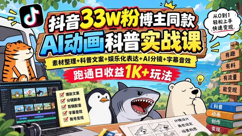 8c3776b2531bcf9e12216367b7450f23.jpeg (20510期)抖音33W粉博主同款AI动画科普实战课|素材整理+科普文案+娱乐化表达+AI分镜+字幕音效,跑通日收益1K+玩法