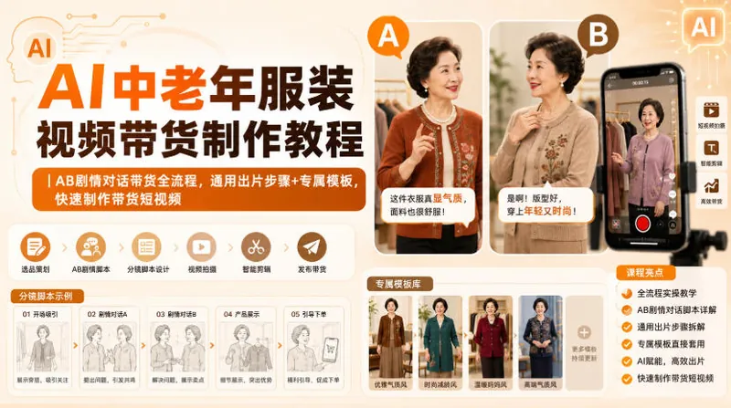c774d50c9dad268183de86a85d51bd92.jpeg AI中老年服装视频带货制作教程|AB剧情对话带货全流程,通用出片步骤+专属模板,快速制作带货短视频