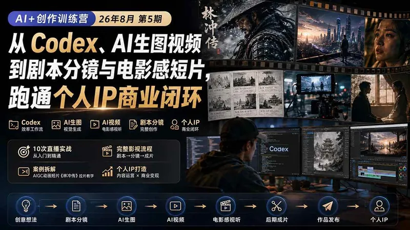 b00463ff6a4692b0df6f62a64db11bd9.jpeg (20348期)AI+创作训练营26年第5期-更新:从Codex、AI生图视频到剧本分镜与电影感短片,跑通个人IP商业闭环