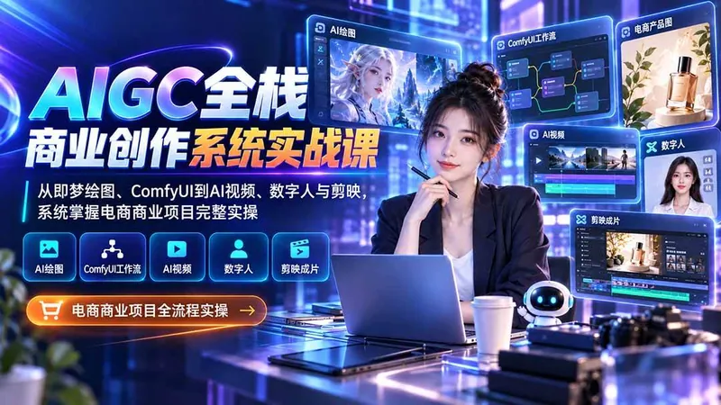 ecfd76e514f469f1b31b06bbcf6d7619.jpeg (20342期)AIGC全栈商业创作系统实战课:从即梦绘图、ComfyUI到AI视频、数字人与剪映,系统掌握电商商业项目完整实操