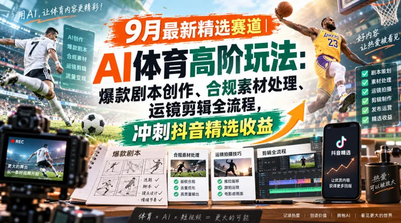 某大佬的9月最新精选赛道之AI体育顶级玩法，爆款剧本创作、版权规避、运镜剪辑全流程，稳拿抖音精选收益