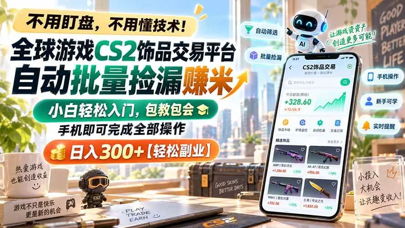 6bf7e9abd16c4eeb2a0b5154e80f5d3e.jpeg (20454期)全球游戏CS2饰品交易平台自动批量捡漏赚米,小白轻松入门,包教包会,手机即可完成全部操作,日入300+【轻松副业】