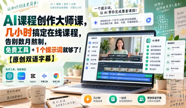 1af1f29a55da2c84700c770b600a8e48.jpeg AI课程创作大师课,几小时搞定在线课程,告别数月熬制,免费工具+1个提示词就够了!【原创双语字幕】