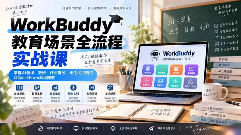 00848b3823b7ebb714c8d8234f6b8236.jpeg (20518期)WorkBuddy教育场景全流程实战课:掌握AI备课、教研、作业批改、无生试讲陪练及QuickForm本地部署