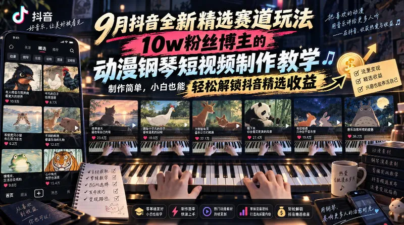 7152eaa041f7e3c979f2f6ce3e8620e4.jpeg 9月抖音全新精选赛道玩法,10w粉丝博主的动漫钢琴短视频制作教学,制作简单,小白也能轻松解锁抖音精选收益