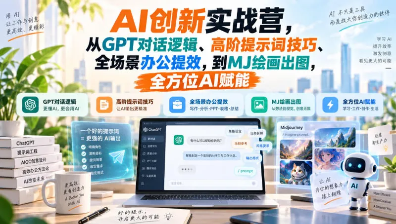 070603cf7b07a8cfde3f72a7143e095f.jpeg AI创新实战营,从GPT对话逻辑、高阶提示词技巧、全场景办公提效,到MJ绘画出图,全方位AI赋能