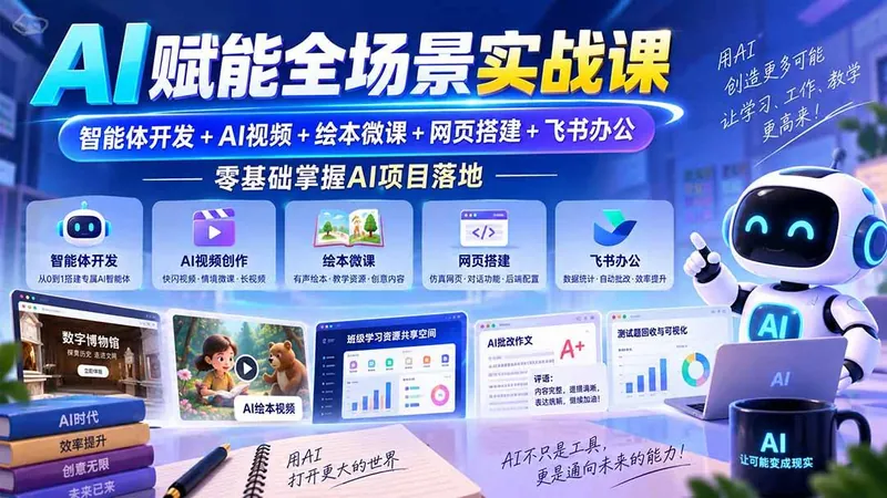 59a7645e60817a99e4ea2feddfee5386.jpeg (20517期)AI赋能全场景实战课|智能体开发+AI视频+绘本微课+网页搭建+飞书办公,零基础掌握AI项目落地