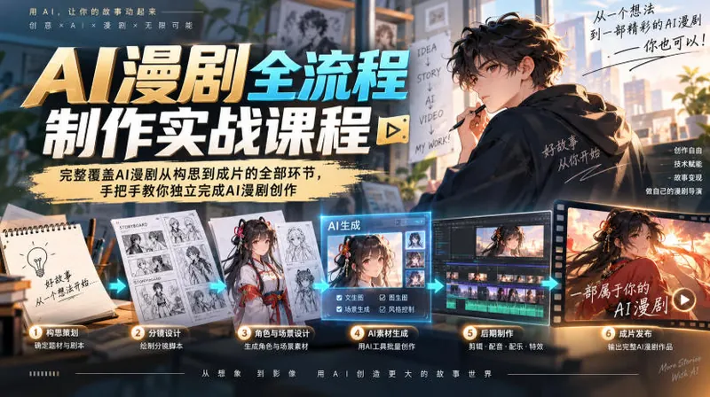 c43f69c9375ebf1065d1739320477a1c.jpeg AI漫剧全流程制作实战课程,完整覆盖AI漫剧从构思到成片的全部环节,手把手教你独立完成AI漫剧创作
