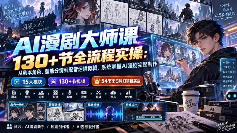 2198c0d751dd7af6011b412ecf5b2e6d.jpeg (20326期)AI漫剧大师课130+节全流程实操:从剧本角色、智能分镜到配音运镜剪辑,系统掌握AI漫剧完整制作