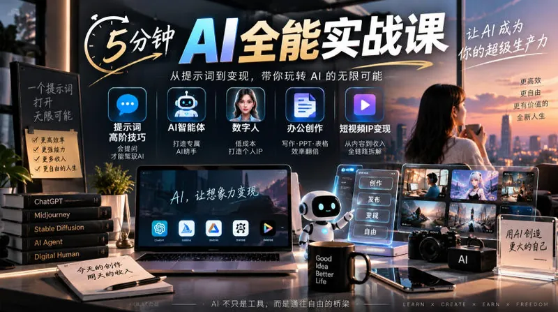 4b08e7b4f6adb881634907cd905a97e5.jpeg 5分钟AI全能实战课|提示词高阶技巧+AI智能体+数字人+办公创作+短视频IP变现全教程