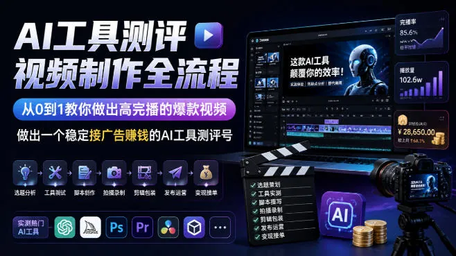 d16fe90ccd1a5e2b0f231d2bac44cd7a.jpeg AI工具测评视频制作全流程,从0到1教你做出高完播的爆款视频,做出一个稳定接广告賺钱的AI工具测评号