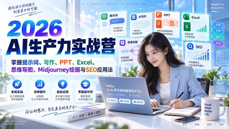 （20307期）2026AI生产力实战营：掌握提示词、写作、PPT、Excel、思维导图、Midjourney绘画与SEO应用法