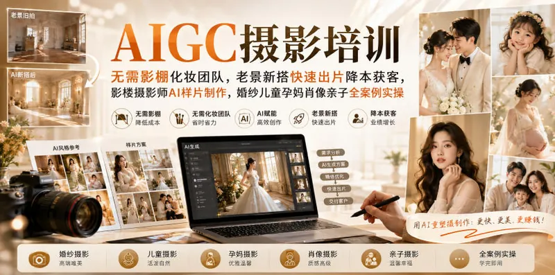 44eb3cb9859ce273fabbe1f1b2daf8dd.jpeg AIGC摄影培训|无需影棚化妆团队,老景新搭快速出片降本获客,影楼摄影师AI样片制作,婚纱儿童孕妈肖像亲子全案例实操