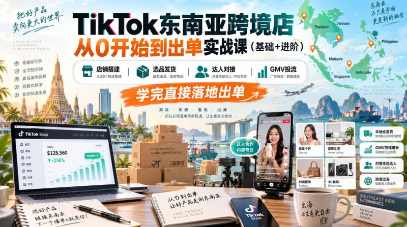 TikTok东南亚跨境店从0开始到出单实战课（基础+进阶），店铺搭建、选品发货、达人对接、GMV投流，学完直接落地出单
