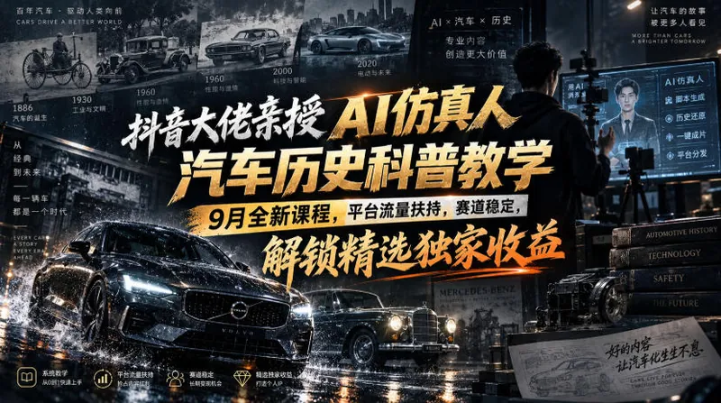 0fb241316f03dbd50443be93ea88c94d.jpeg 抖音大佬亲授AI仿真人汽车历史科普教学,9月全新课程,平台流量扶持,赛道稳定,解锁精选独家收益