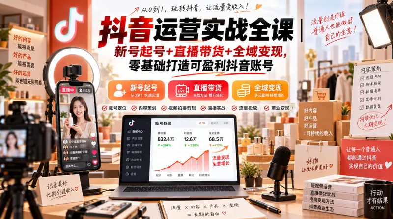 抖音运营实战全课｜新号起号+直播带货+全域变现，零基础打造可盈利抖音账号