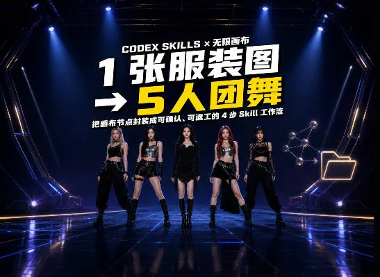c2cb7ef7ebaf7008fca1f9bfa3f7afb6.jpeg 一张服装图生成五人团舞视频:我把 Codex+无限画布工作流做成了Skill
