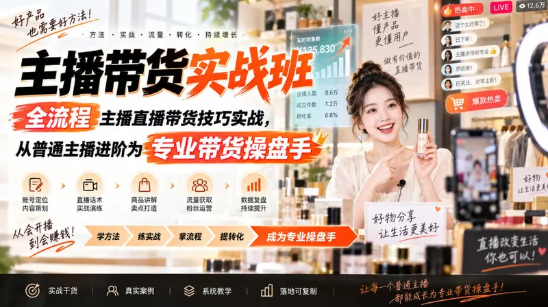 主播带货实战班ZB，全流程主播直播带货技巧实战，从普通主播进阶为专业带货操盘手