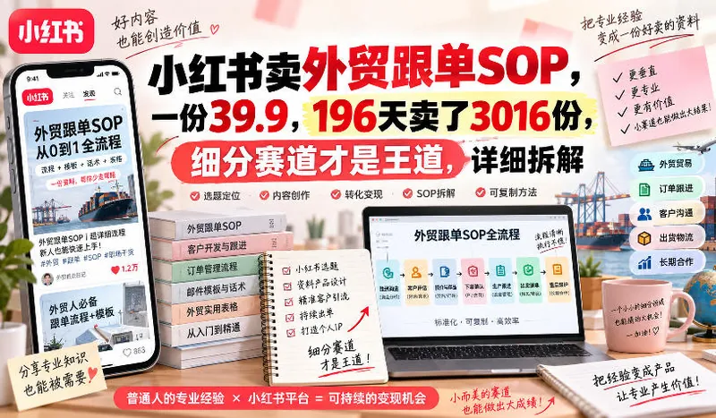 b5a13df568c858fad42ee711ea027716.jpeg 小红书卖外贸跟单sop,一份39.9,196天卖了3016份,细分赛道才是王道,详细拆解